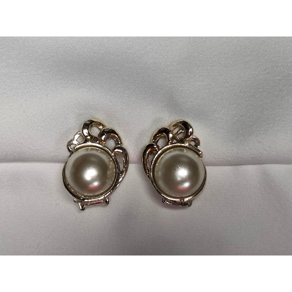 Vintage 1950s Gold Clip On Earrings Pat 2739264 Faux Pearl Mid Century Modern